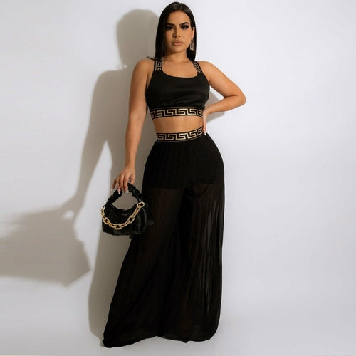 Pullover Spliced Vest Crop Top Wide Leg Pants Outfits
