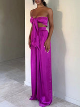 Load image into Gallery viewer, Tie-up Bow Strapless Crop Top+Wide Leg Pants Suit Spring Solid Soft
