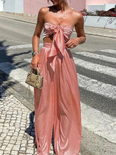 Load image into Gallery viewer, Tie-up Bow Strapless Crop Top+Wide Leg Pants Suit Spring Solid Soft
