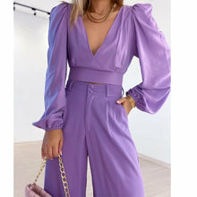Load image into Gallery viewer, V-neck Long Sleeve Shirt High Waist Wide Leg Pants Plus Size Casual
