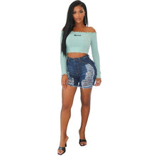 Load image into Gallery viewer, Plus Size Light Blue Ripped Cut Out Denim Shorts With Tassel Pants
