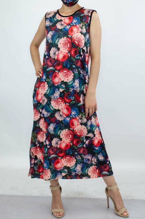 Bold Floral Print Long Dress and Matching Face Mask