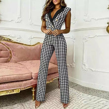 Load image into Gallery viewer, Elegant Button Rompers Houndstooth Print Casual Wide Leg Pants
