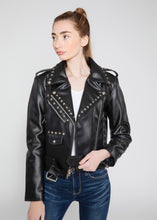 Load image into Gallery viewer, Women&#39;s Vegan Star Studded Black Moto Style Faux Leather Jacket
