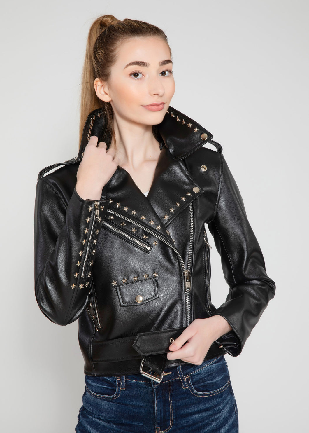 Women's Vegan Star Studded Black Moto Style Faux Leather Jacket
