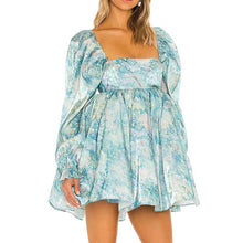 Load image into Gallery viewer, Retro Blue Print Organza Ball Gown Dress Puff Sleeve Mini Dress
