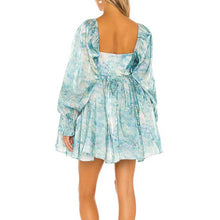 Load image into Gallery viewer, Retro Blue Print Organza Ball Gown Dress Puff Sleeve Mini Dress
