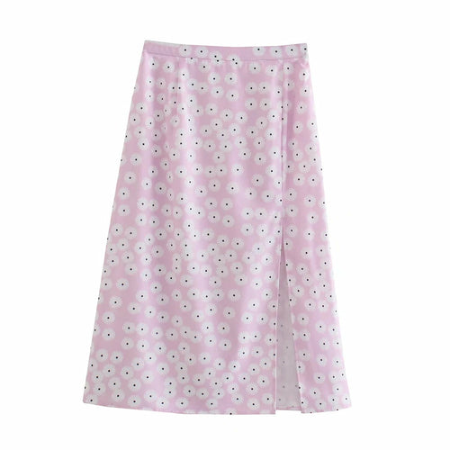 Zipper Side Slit Daisy Flower Print Pink Midi Skirt