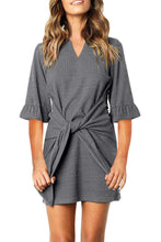 Load image into Gallery viewer, Gray V Neck Ruffled Sleeves Waist Tie Casual Mini Dress
