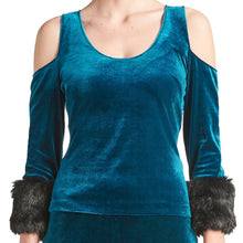 Load image into Gallery viewer, Mia Top - Velvet 3/4 sleeve top with cut-out shoulders &amp; contrast faux
