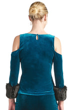 Load image into Gallery viewer, Mia Top - Velvet 3/4 sleeve top with cut-out shoulders &amp; contrast faux
