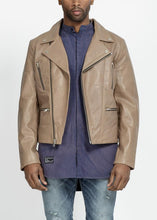 Load image into Gallery viewer, Konus Men&#39;s Lamb Skin Moto Leather Jacket in Dark Beige
