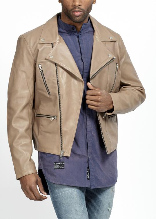 Konus Men's Lamb Skin Moto Leather Jacket in Dark Beige