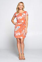 Load image into Gallery viewer, Coral Floral Print Dress with Waist Tie
