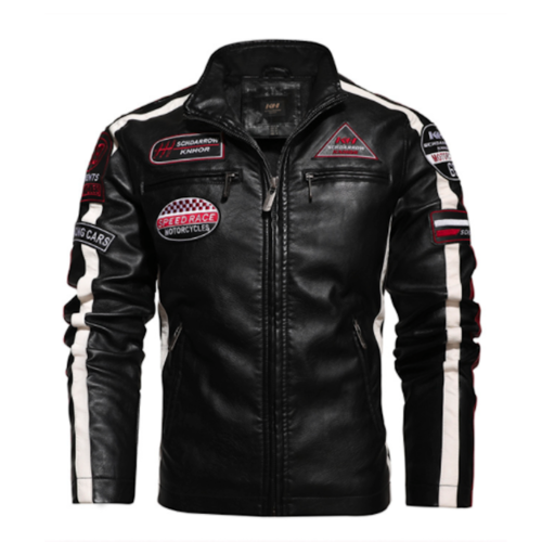 Men's Biker Vegan Leather Jacket With Badges