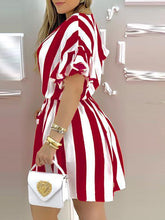 Load image into Gallery viewer, Striped Colorblock Ruffles Shirt Dress Women Short Sleeve V Neck Mini
