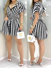 Load image into Gallery viewer, Striped Colorblock Ruffles Shirt Dress Women Short Sleeve V Neck Mini
