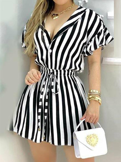 Striped Colorblock Ruffles Shirt Dress Women Short Sleeve V Neck Mini