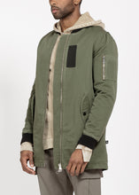 Load image into Gallery viewer, Konus Men&#39;s Zip Patch Long Bomber Jacket in Olive
