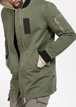 Load image into Gallery viewer, Konus Men&#39;s Zip Patch Long Bomber Jacket in Olive
