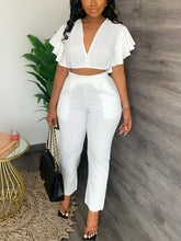 Load image into Gallery viewer, Two Piece Summer Sweet Suits Short Sleeve V Neck Crop Top &amp; Slim Pants
