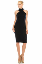 Load image into Gallery viewer, BeBe Navy Sleeveless Strappy Mock Neck Crepe Dress
