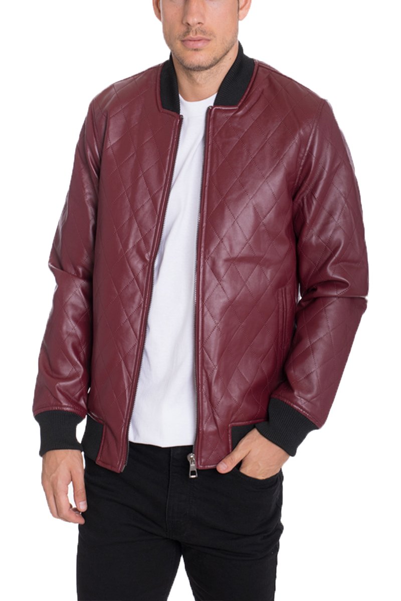 FAUX LEATHER QUILTED JACKET- BURGUNDY