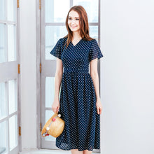 Load image into Gallery viewer, (Woman) Navy polka-dot midi dress
