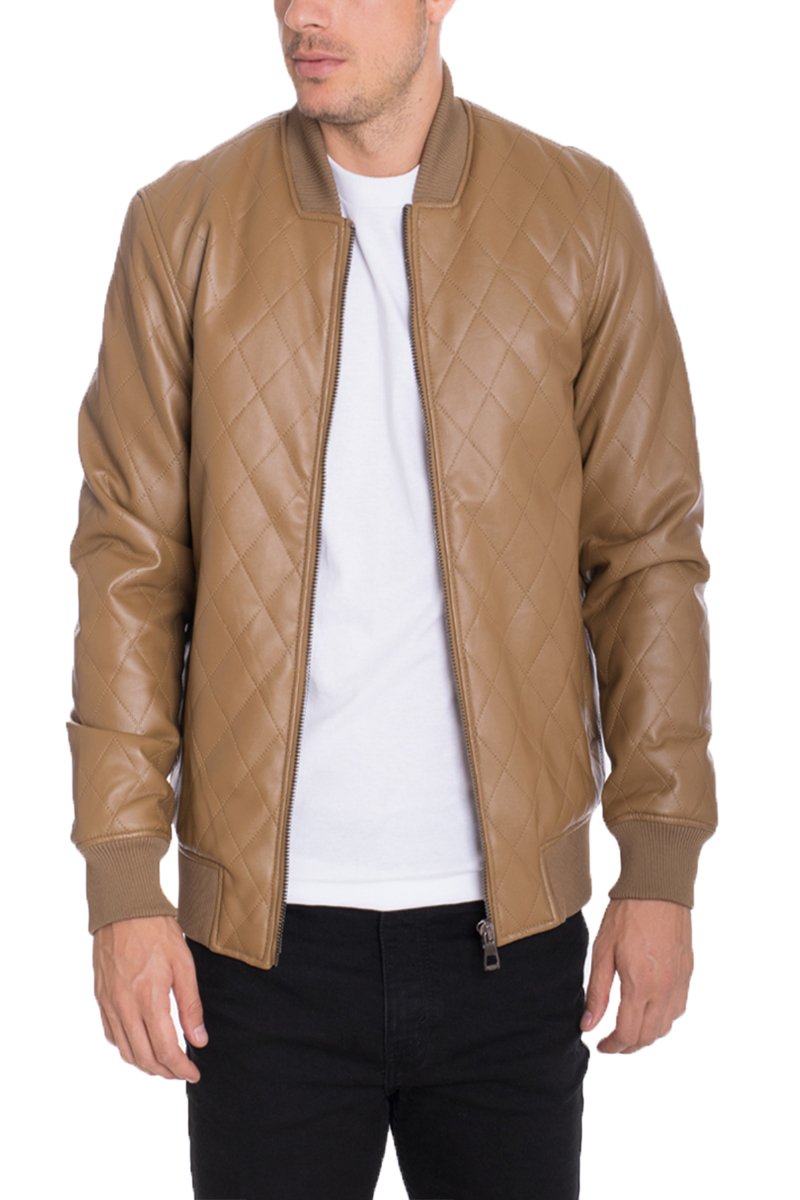 FAUX LEATHER QUILTED JACKET- KHAKI