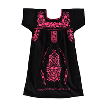 Load image into Gallery viewer, Handmade Loose Black Dress, Hot Pink Embroidery.
