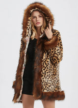 Load image into Gallery viewer, Womens Leopard Print Hooded Faux Fur Collar Jacket
